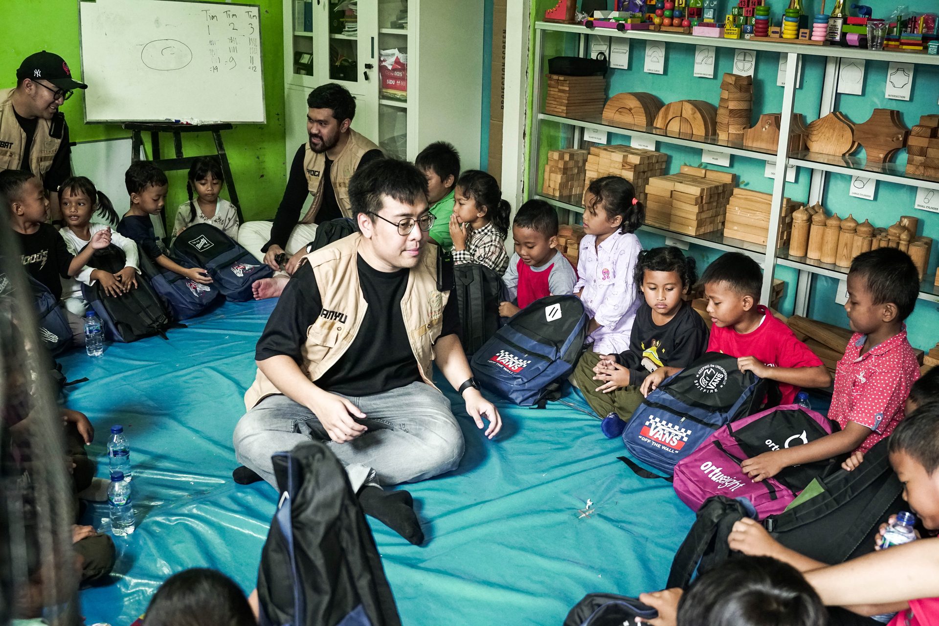 Indonesian children with new backpacks